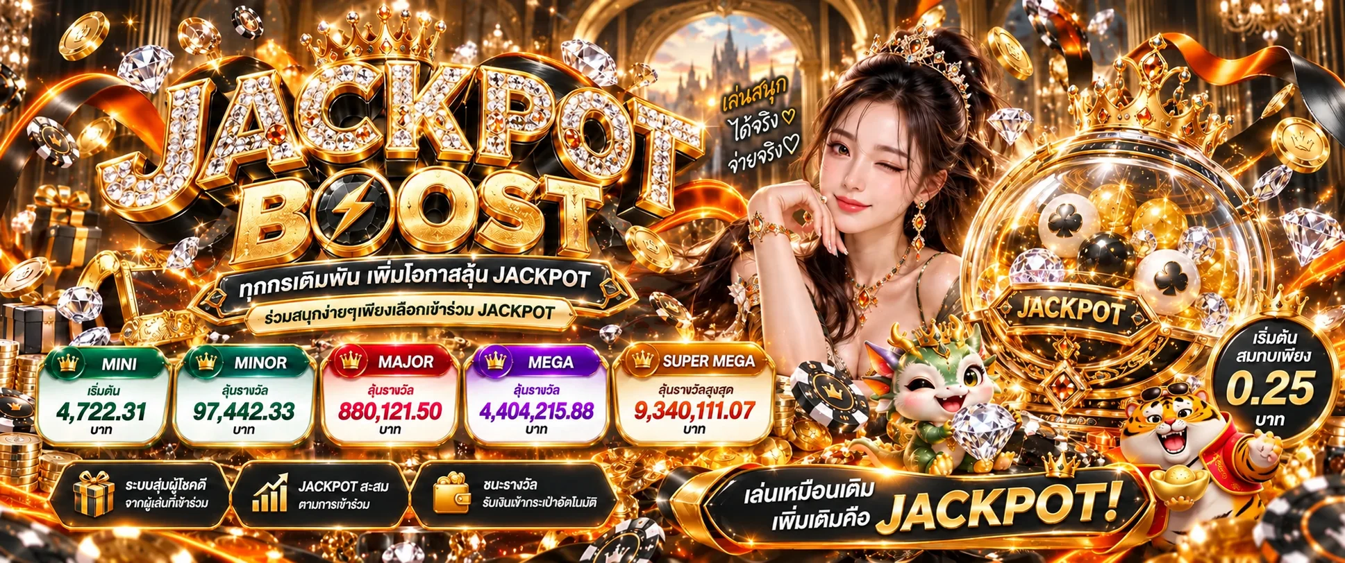 แบนเนอร์ PARUAYX168 แจ็กพอตและตัวละครเกมในโทนส้มทอง